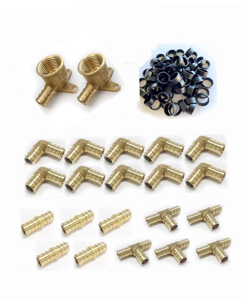 EFIELD (Pack of 62) EFIELD 1/2" Pex fittings: 40 Pieces Pex Copper Rings, 1/2"x 1/2" FNPT Drop-Ear Elbow 2 Pieces, Elbow 10 Pieces, Tee and Coupling 5 Pieces each,(PEX1807189) - Image 1
